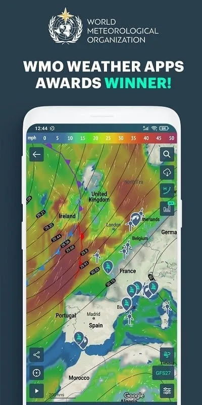 Interfaz de Windy.app mod mostrando funciones premium