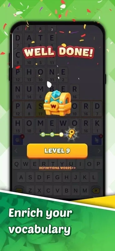 Tangkapan layar dalam game Word Cipher yang menampilkan berbagai opsi level dan menyoroti kesulitan yang meningkat.