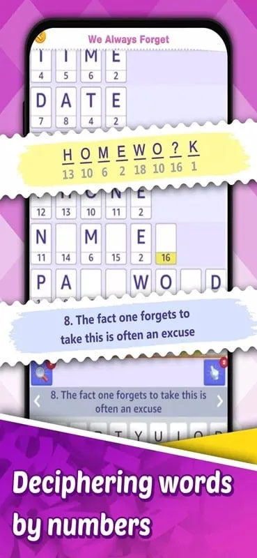 Screenshot of Word Cipher gameplay illustrating the use of a powerup to reveal a hidden letter in the puzzle.