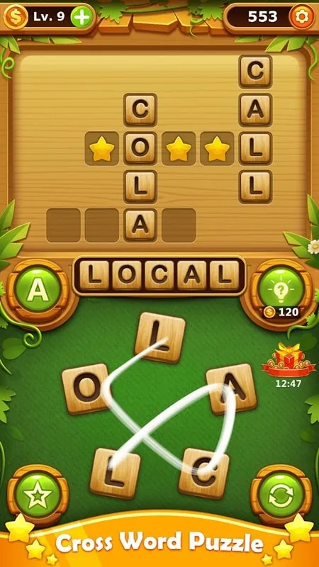 Tela inicial do jogo Word Cross Puzzle com dicas ilimitadas.