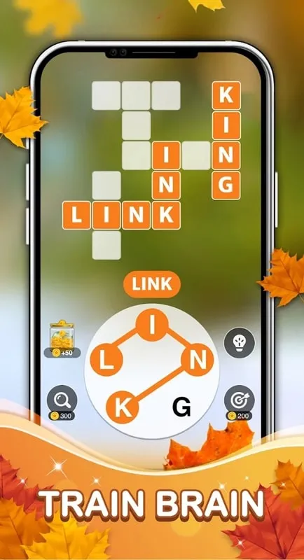 Captura de pantalla del juego Word Link Connect con el menú mod visible.