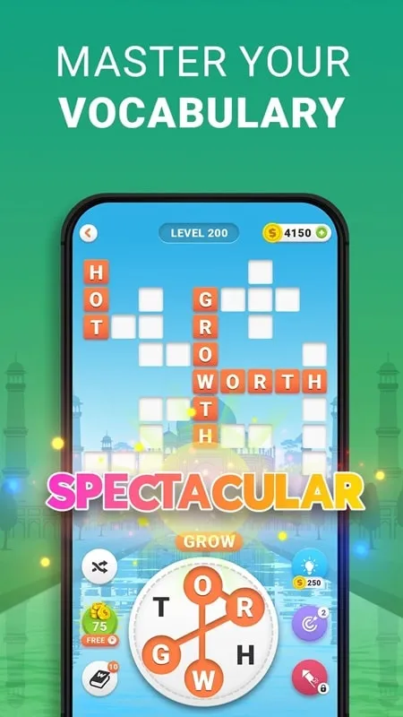 Utilizando o recurso de power-ups grátis no mod do Word Search Crossword puzzle.