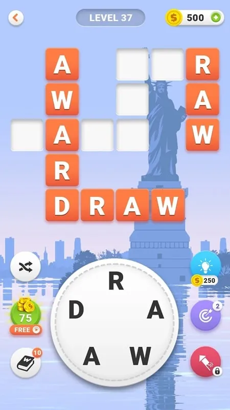 Interface do jogo Word Search Crossword puzzle com recurso mod destacado.