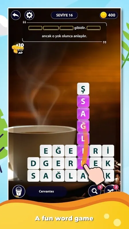 Captura de pantalla del juego Word Surf: Inspire que muestra el uso de recursos ilimitados en el juego.