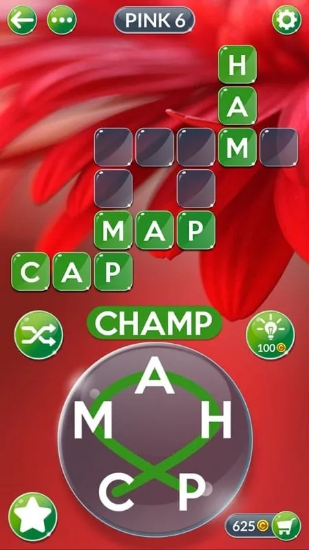 Tangkapan layar versi Mod Wordscapes in Bloom yang menyoroti bantuan tak terbatas.