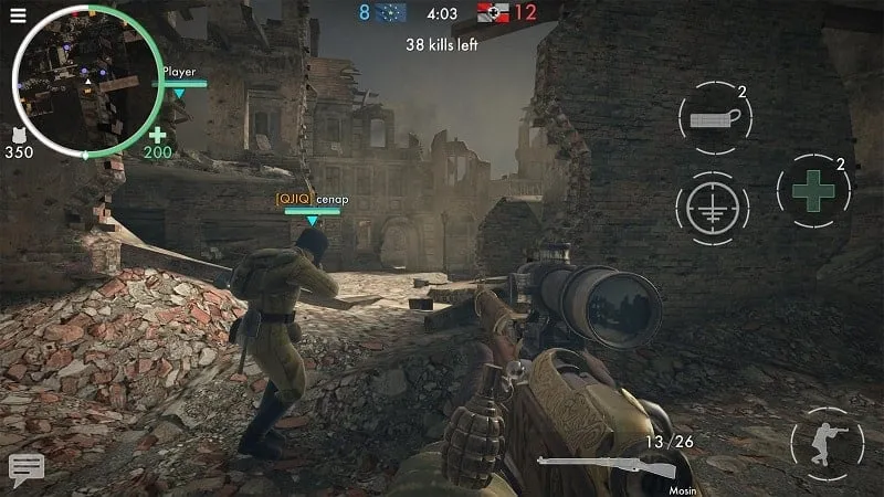 Gameplay screenshot showcasing the first-person perspective in World War Heroes with visible enemies on the radar due to the hack.