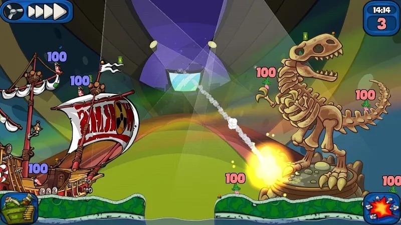 Interface do jogo Worms 2: Armageddon MOD APK com dinheiro infinito.