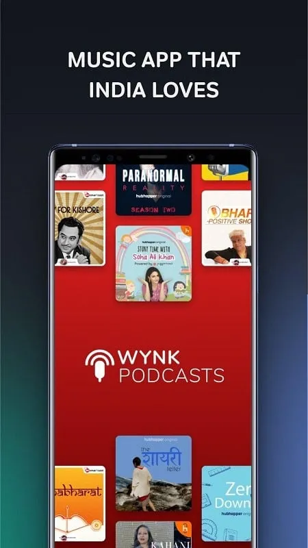 Interfaz del mod de Wynk Music mostrando funciones premium