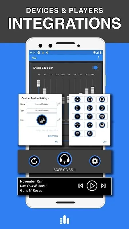 XEQ mod interface connected to Spotify
