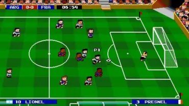 XP Soccer gameplay screenshot showcasing pixelated graphics and on-screen controls.