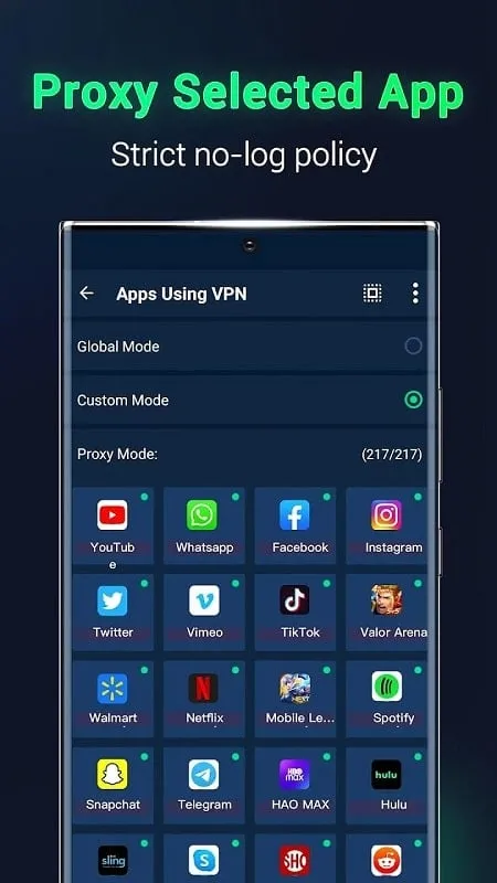 Tampilan antarmuka XY VPN mod dengan fitur premium