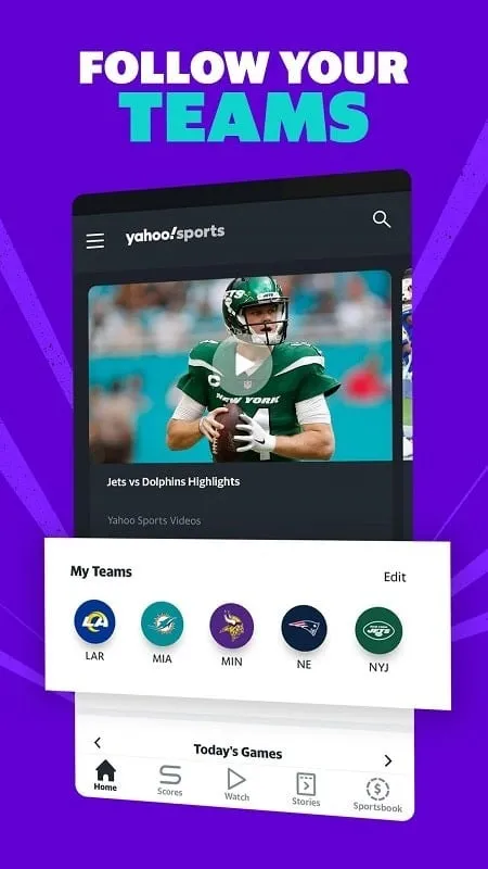 Yahoo Sports mod interface displaying live scores and match results