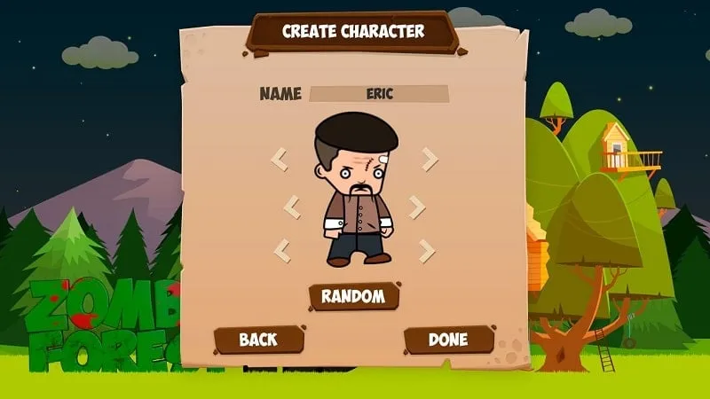 In-game screenshot depicting a battle scene with upgraded heroes against zombies in Zombie Forest HD: Survival.
