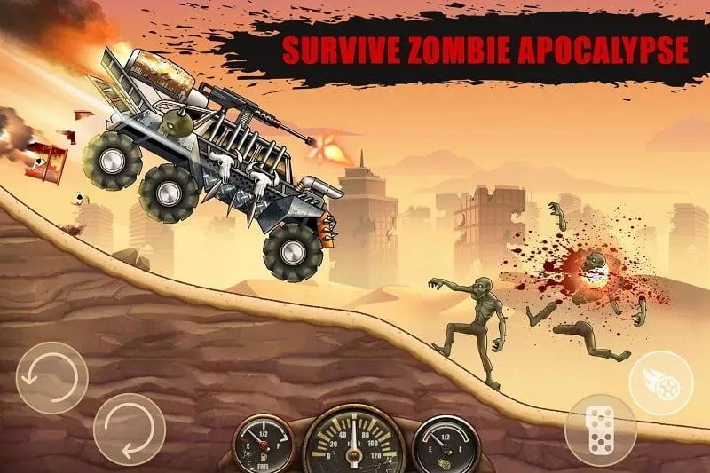 Veículo personalizado em Zombie Hill Racing, equipado com espinhos e armas para combater zumbis.