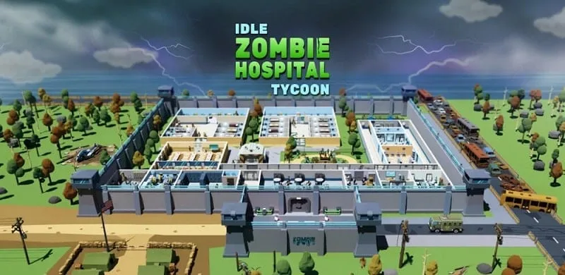 Hình ảnh màn hình chính của Zombie Hospital hiển thị các tòa nhà và nhân vật.