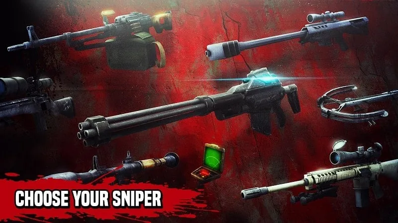 Captura de tela do jogo mostrando os diversos ambientes e níveis em Zombie Hunter Sniper.