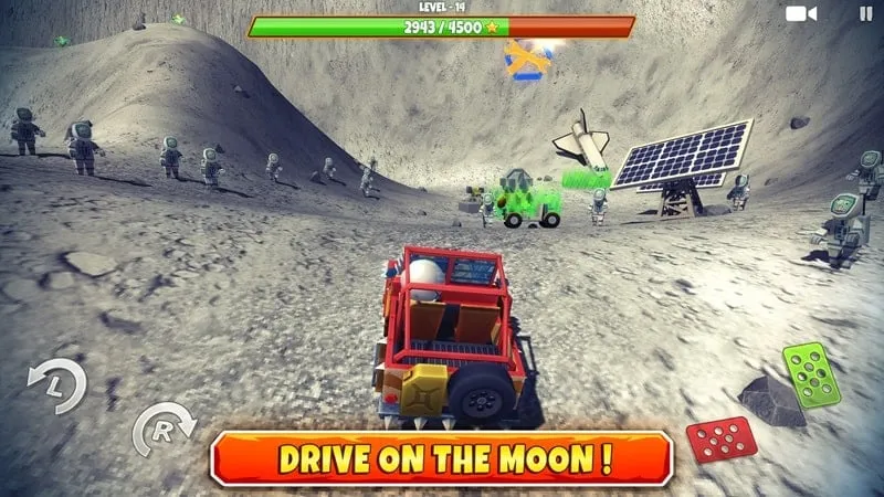 Ảnh chụp màn hình trong game Zombie Offroad Safari với nhiều địa hình khác nhau, bao gồm cả sa mạc với tàn tích cổ.