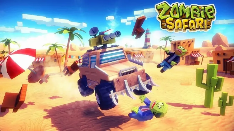 Hình ảnh xe monster truck chạy trong vùng đất đầy zombie trong game Zombie Offroad Safari.