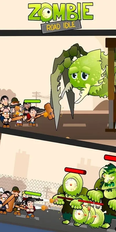 Depiction of gameplay in Zombie Road Idle, showcasing the user interface and action.