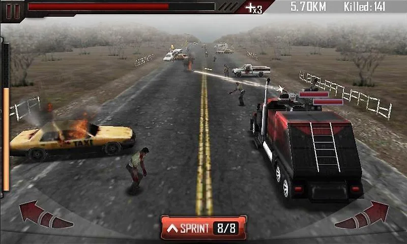 Escena del juego que muestra un momento de mucha acción en Zombie Roadkill 3D.